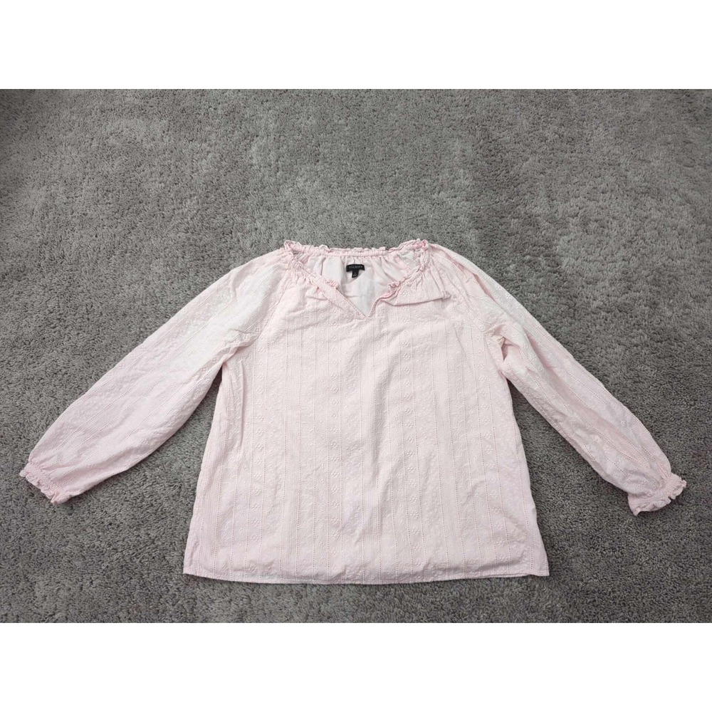 Talbots Blouse Womens L Pink Eyelet Embroidery Split V-Neck Ruffled Trim Lined